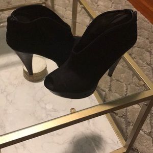 Black suede short peep toe bootie